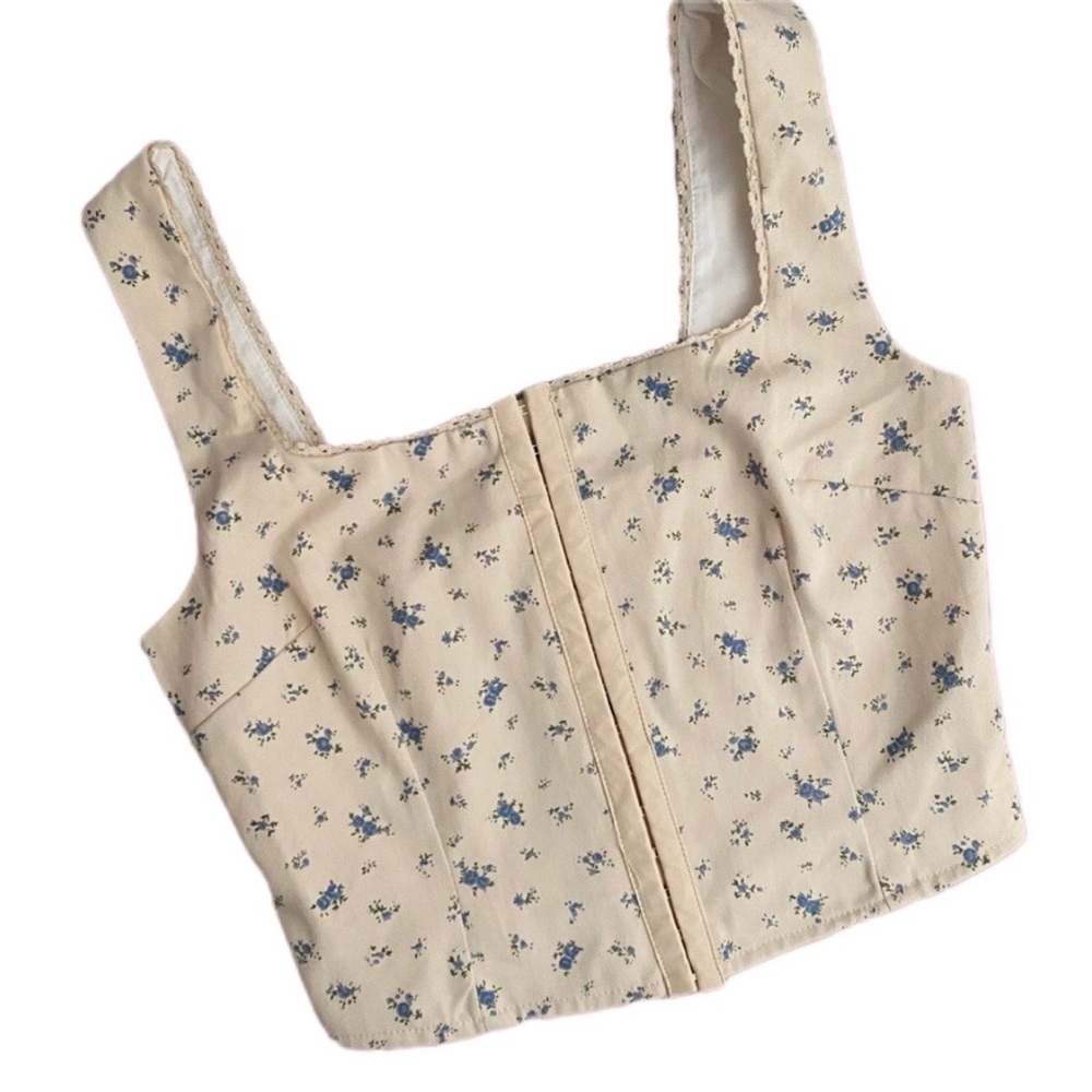 100% Cotton Cream & Blue Floral Square Neck Corset Cottagecore Tank Top Size XS